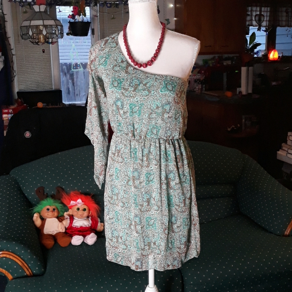 Mint green & brown paisley fun sleeved dress